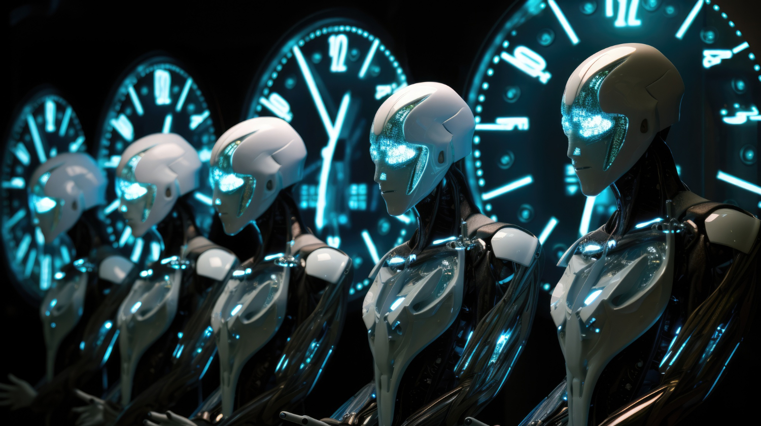Conceito visual de múltiplos robos enfileirados. Cada um representando um agnte de IA diferente.