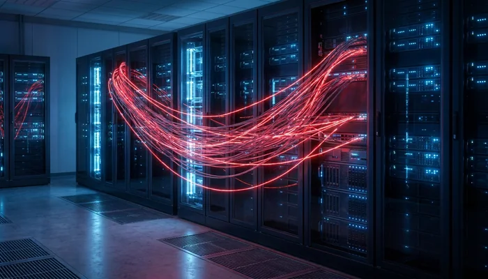 Cabos de fibra óptica em um data center, com alguns brilhando em vermelho intenso, indicando um fluxo de dados não autorizado.