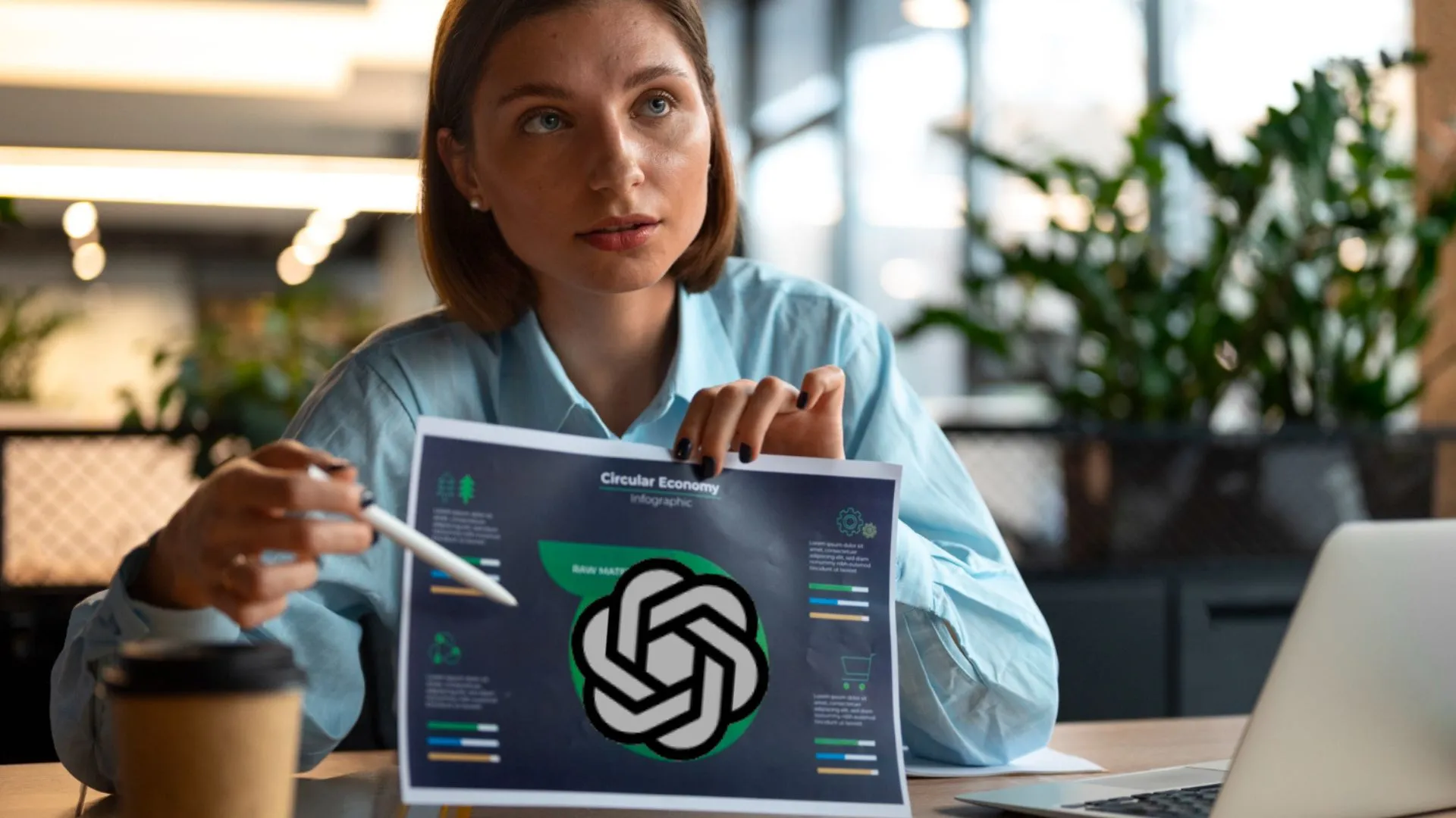Mulher mostrando um papel em sua mão com a logo da OPENAI.