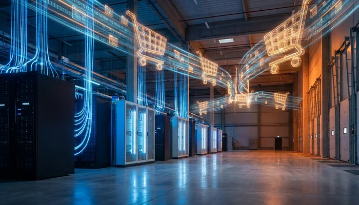 Interior de um armazém moderno com servidores e fluxos de dados digitais se transformando em carrinhos de compras.
