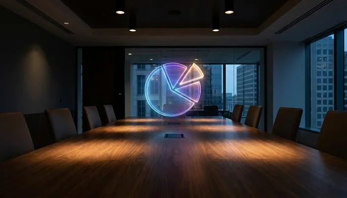 Gráfico de pizza holográfico flutuando sobre uma mesa de reunião, destacando uma fatia de 5%.