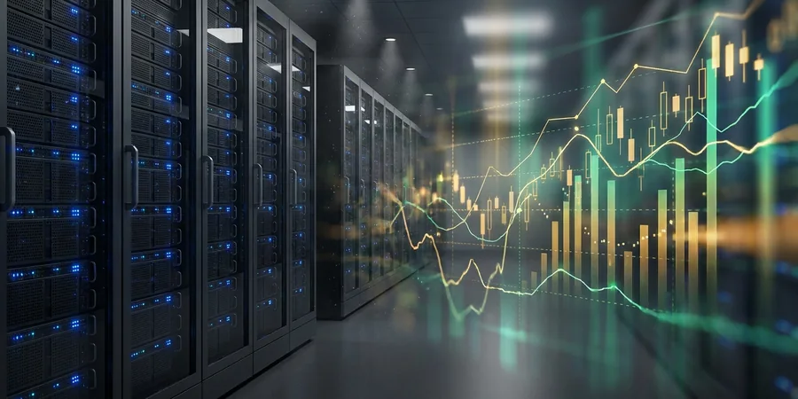 Servidores de data center mesclados com um gráfico financeiro luminoso, representando o custo da infraestrutura de IA.