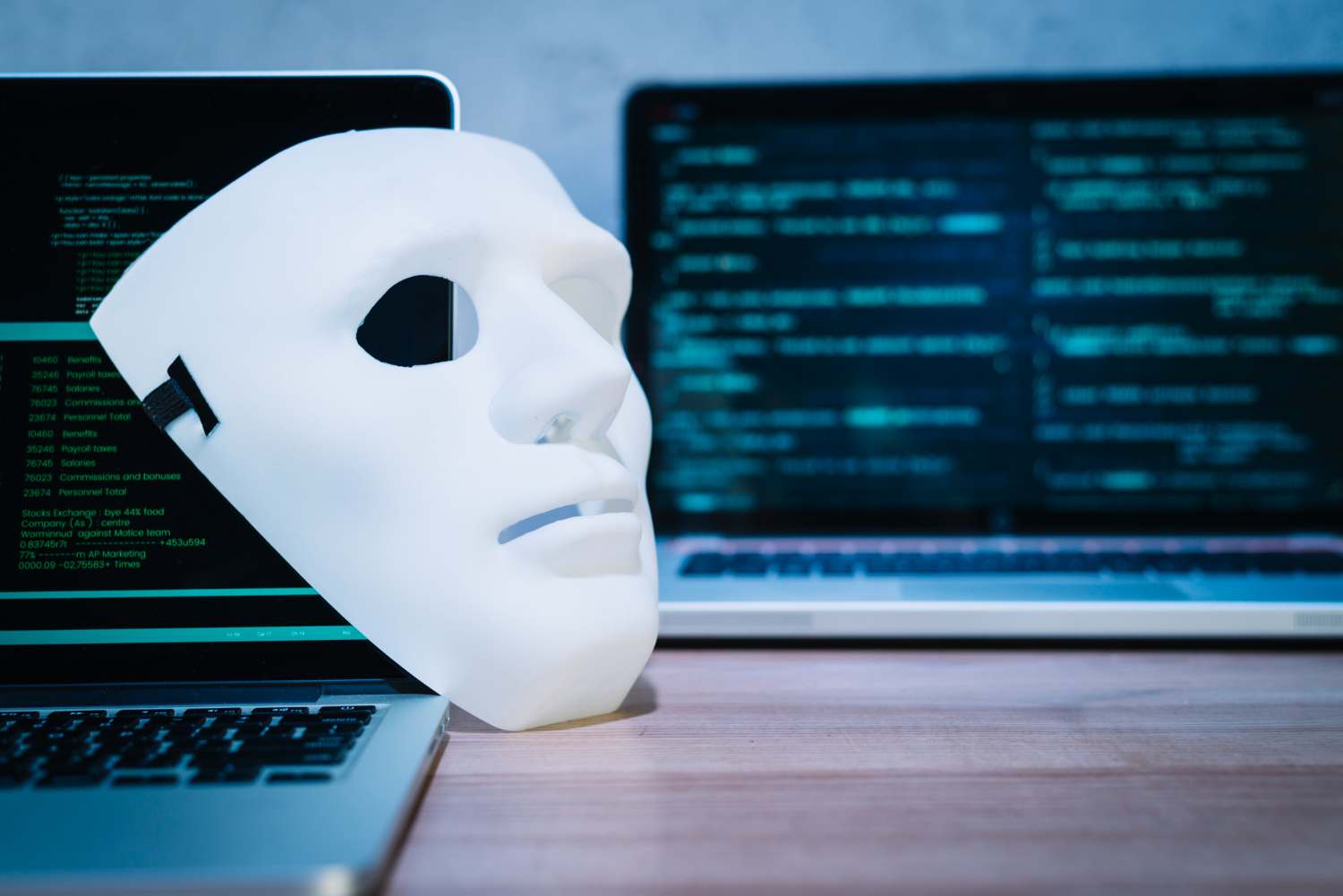 Uma sombra mascarada em frente a computadores com códigos aparecendo, representando a clonagem e espionagem industrial de IAs.