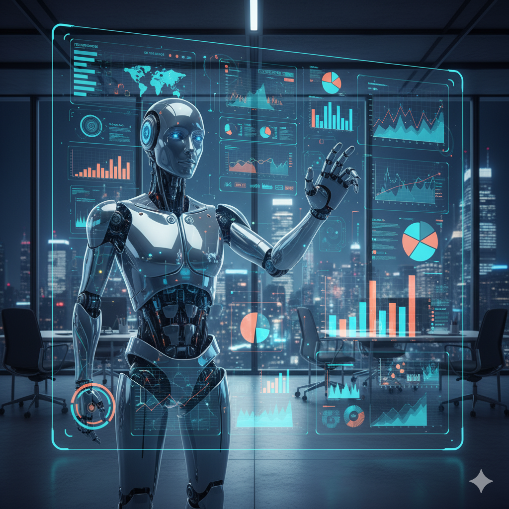 Imagem de destaque: Um robô de inteligência artificial interagindo com gráficos e dados corporativos.