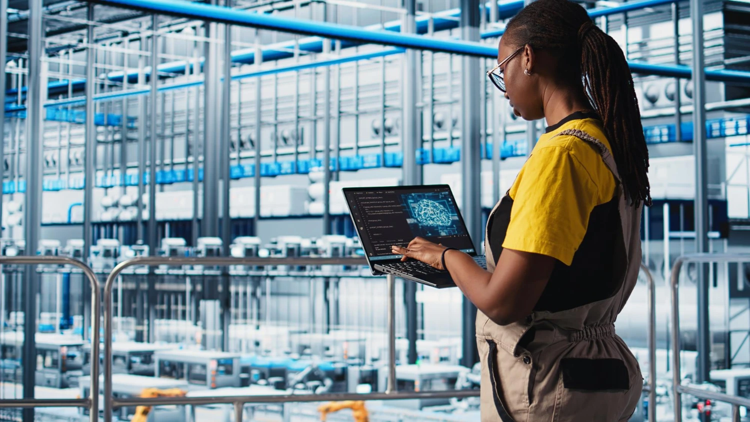 Uma mulher segurando um notebook em uma fabrica totalmente tecnologica.