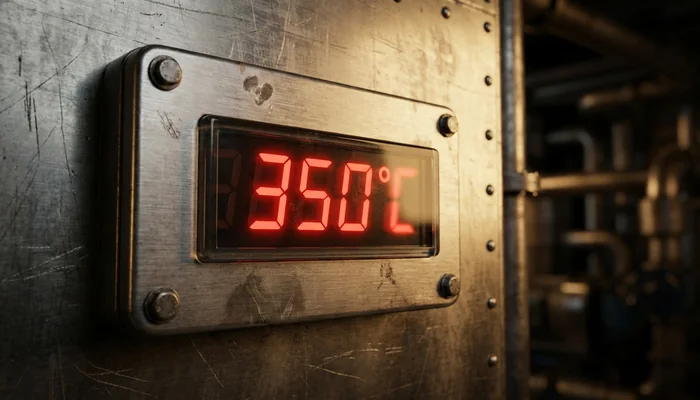 Painel digital de controle de temperatura industrial exibindo números em vermelho
