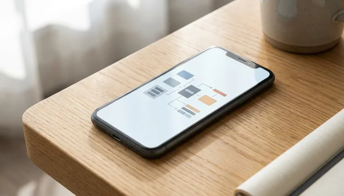 Smartphone exibindo dados estruturados em uma mesa de madeira.
