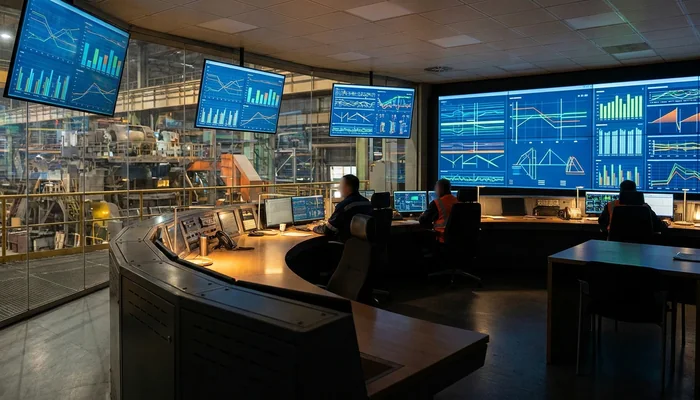 Sala de controle industrial moderna com telas exibindo gráficos de manutenção preditiva e dados de sensores IoT.