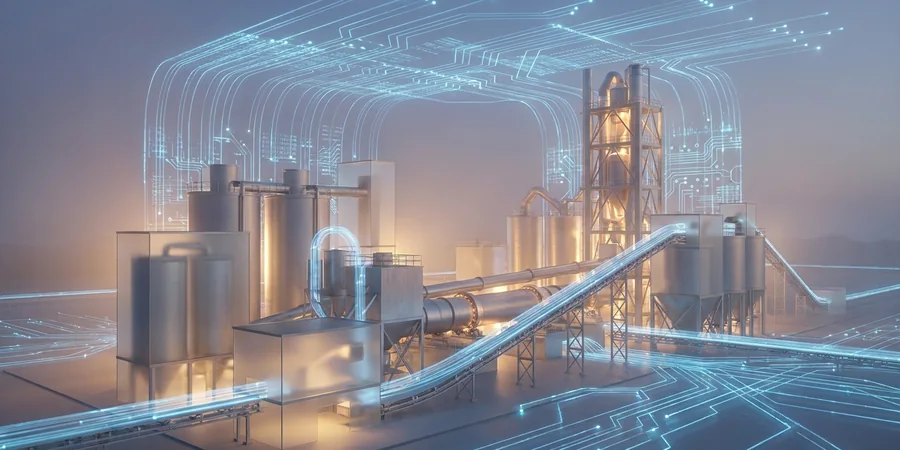 Ilustração conceitual de uma fábrica de cimentos integrada com redes digitais luminosas, representando a união da indústria pesada com tecnologia de IA e IoT.