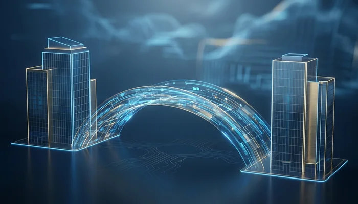 Ilustração conceitual de dois prédios comerciais conectados por uma ponte digital de transações financeiras.
