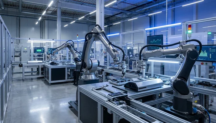 Fábrica inteligente automatizada com braços robóticos.