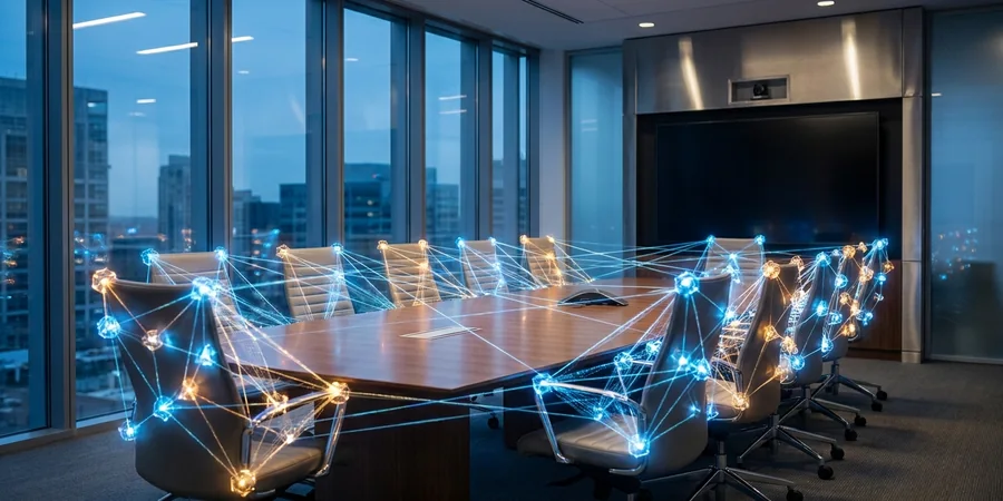 Representação abstrata de inteligência artificial capturando dados em uma sala de reuniões