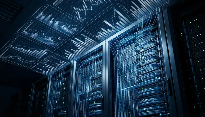 Ilustração conceitual unindo gráficos financeiros e servidores de data center.