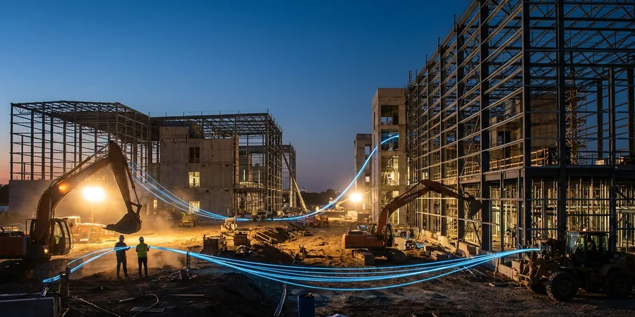 Canteiro de obras de um grande data center em construção ao entardecer.