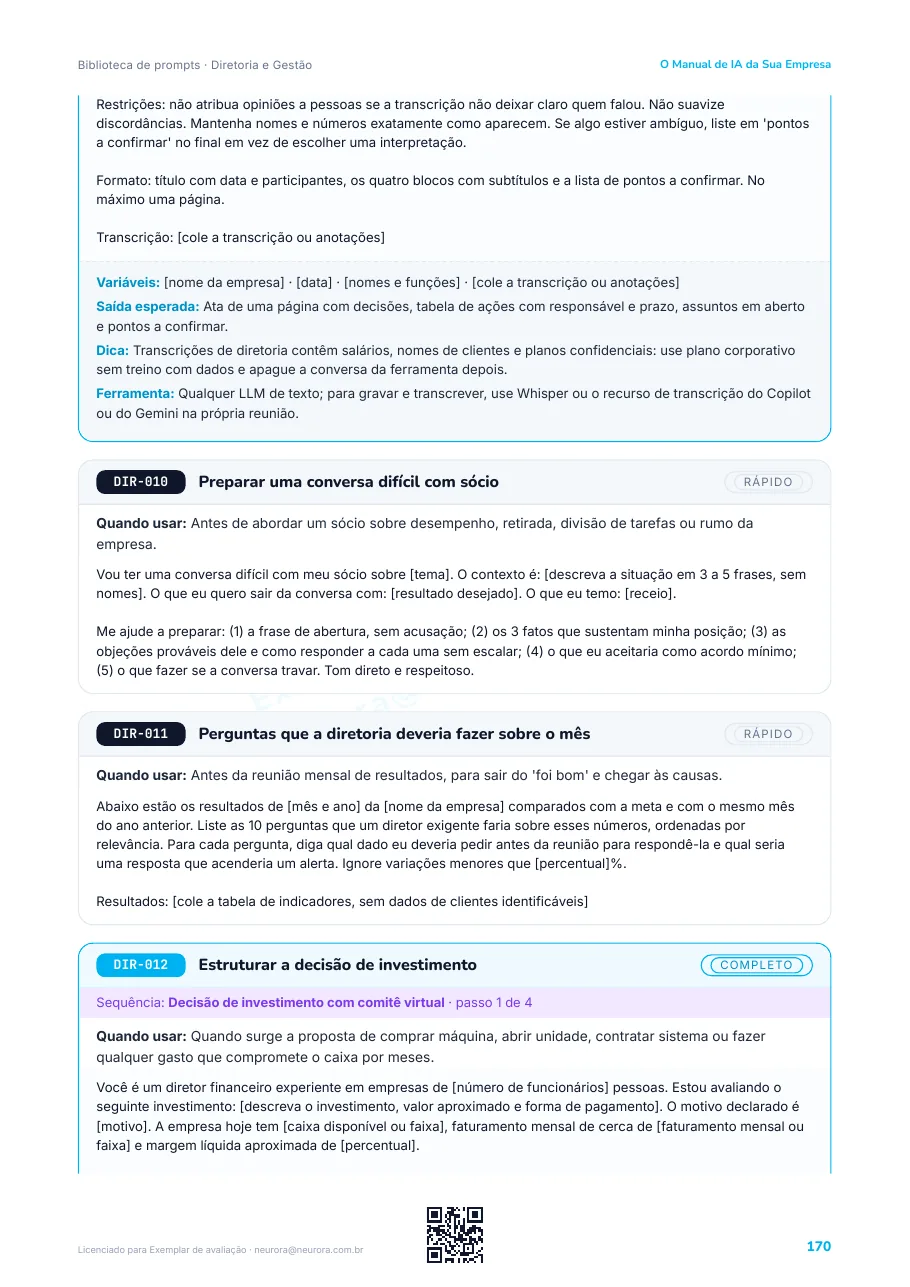 Página de prompts da diretoria, incluindo uma sequência encadeada