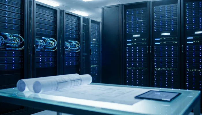 Sala de servidores de alta tecnologia com luzes azuis, representando infraestrutura computacional.