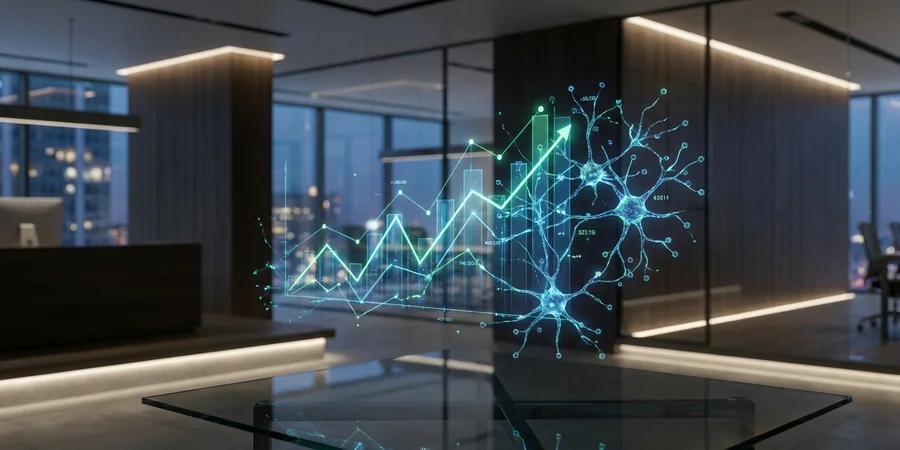 Ilustração conceitual de um gráfico financeiro se fundindo com nós de rede neural, representando investimentos em inteligência artificial.