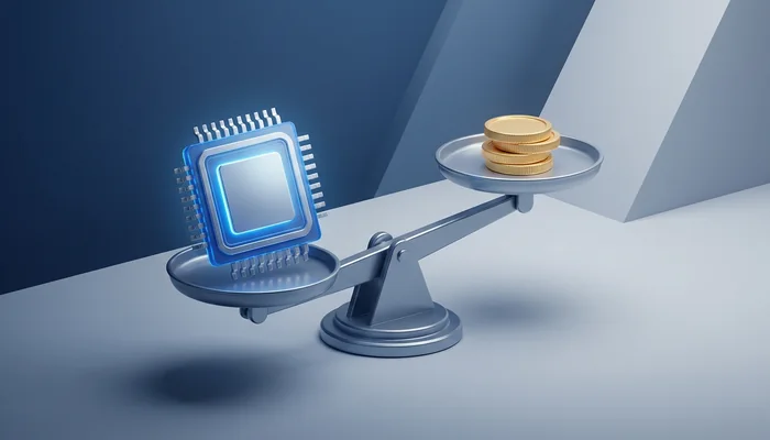 Ilustração de uma balança pesando um microchip contra algumas moedas