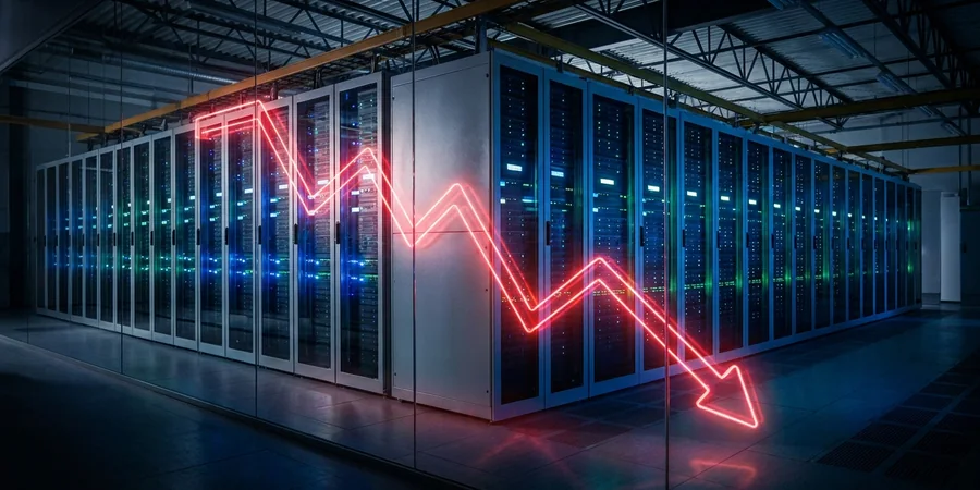 Corredor de data center com luzes de servidores e um gráfico financeiro em queda sobreposto