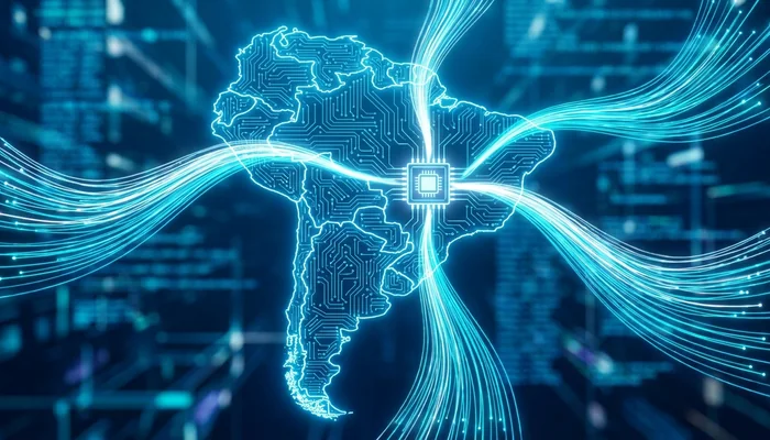 Ilustração de um mapa da América do Sul com linhas de fibra ótica convergindo para um chip no Brasil.