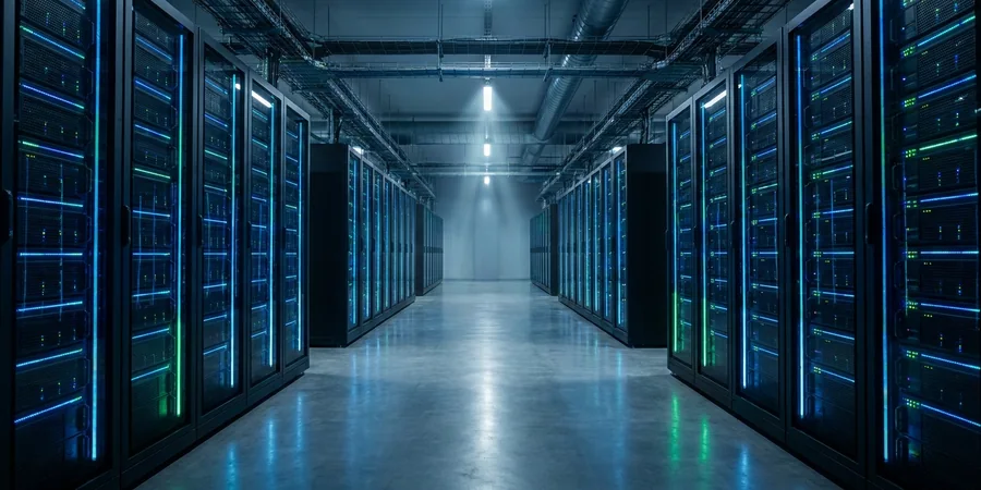 Corredor de um data center moderno com servidores iluminados por LEDs azuis e verdes.