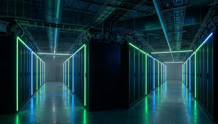 Corredor de um data center moderno iluminado por LEDs verdes e azuis, representando a infraestrutura de servidores necessária para treinar modelos avançados.