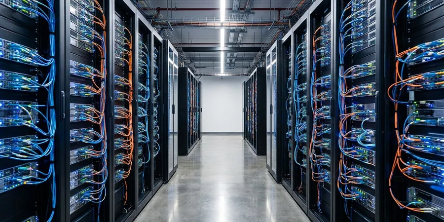 Corredor de um data center moderno com luzes azuis e laranjas indicando processamento de dados.
