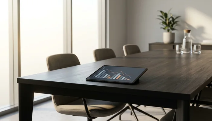 Tablet sobre uma mesa de reunião exibindo gráficos de queda, representando a redução de custos de tecnologia.