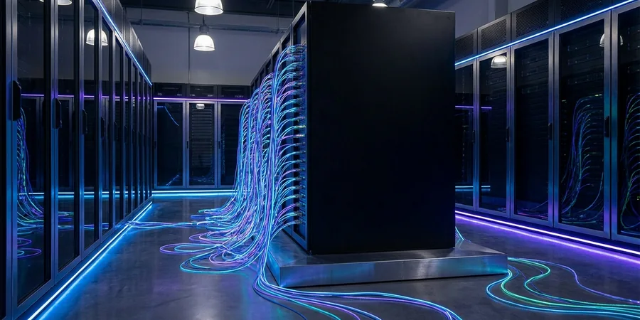 Cubo preto opaco conectado a cabos de fibra ótica em uma sala de servidores