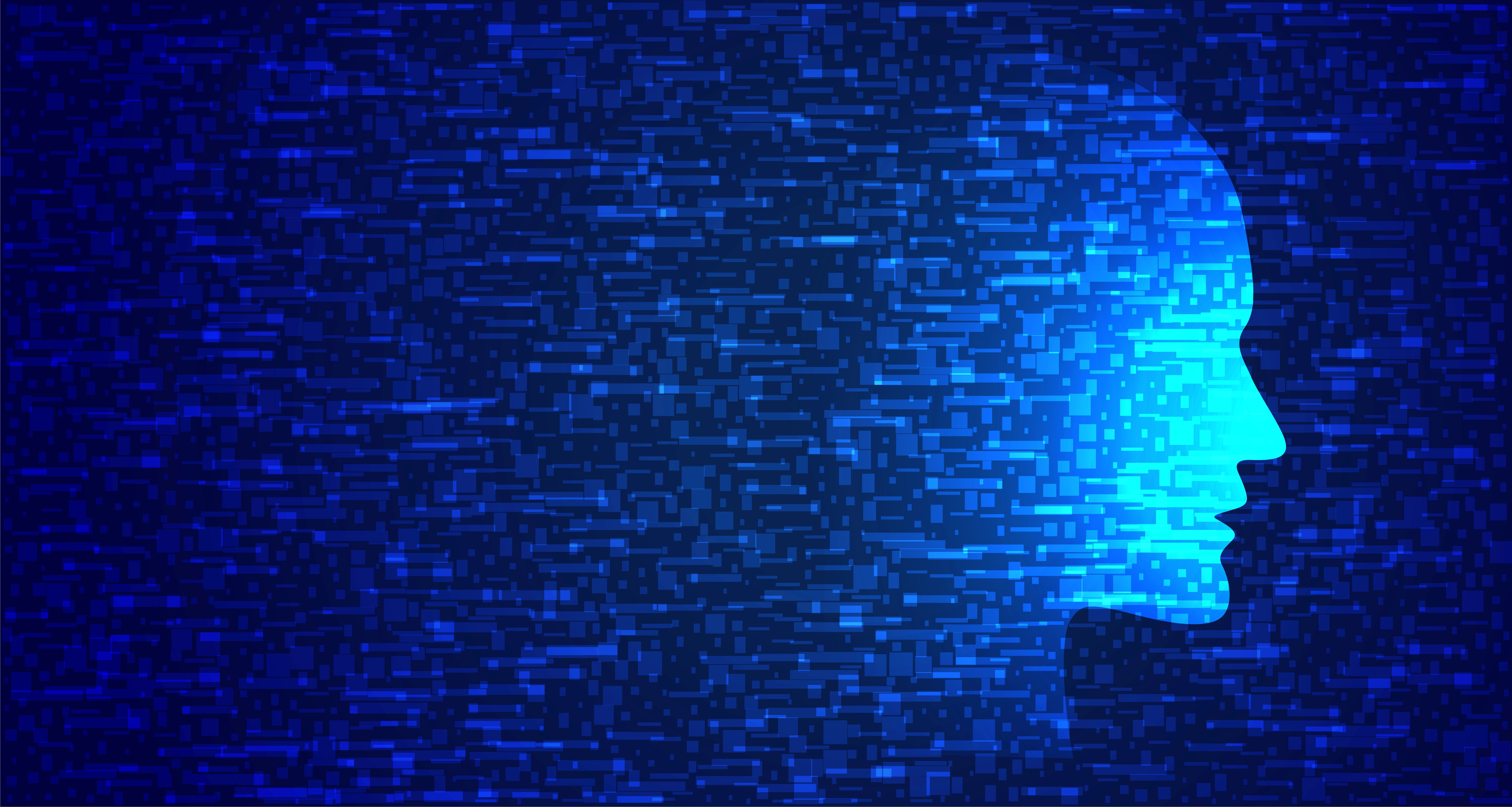Rosto abstrato digital formado por blocos digitais, am cor predominante azul.