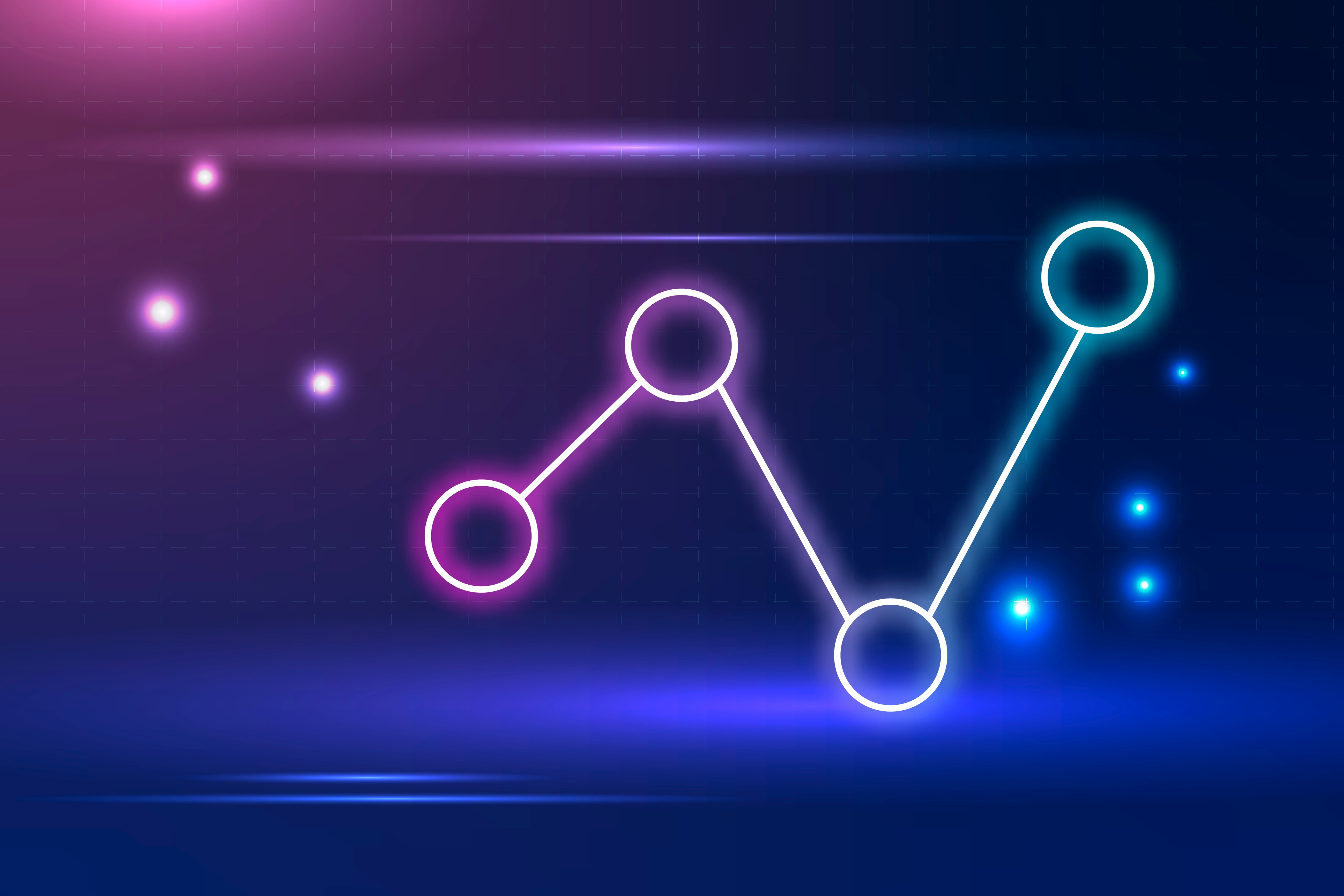Gráficos de linha futuristas, com nós de dados brilhantes indicando tendências de alta.