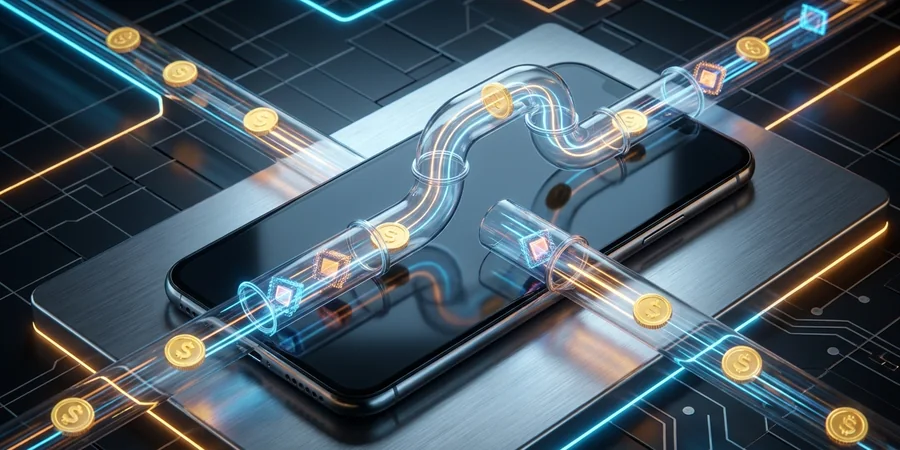 Ilustração conceitual de um smartphone processando moedas e dados brilhantes