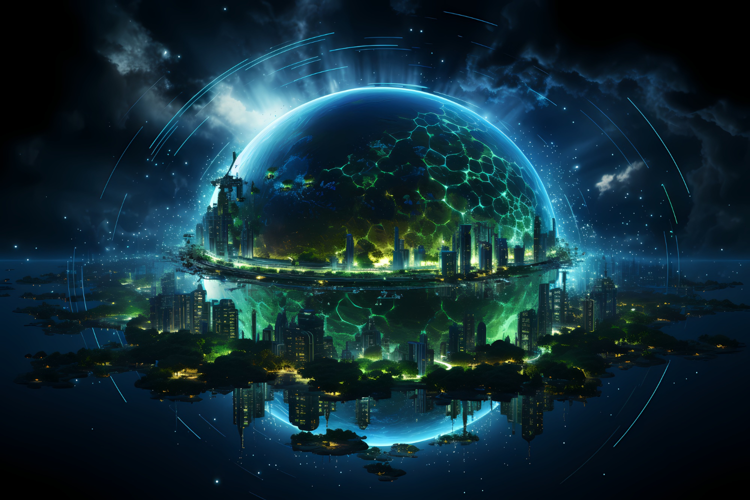 Uma cidade tecnologica fundida com natureza em meio a um globo luminoso e tecnologico de cor azul.