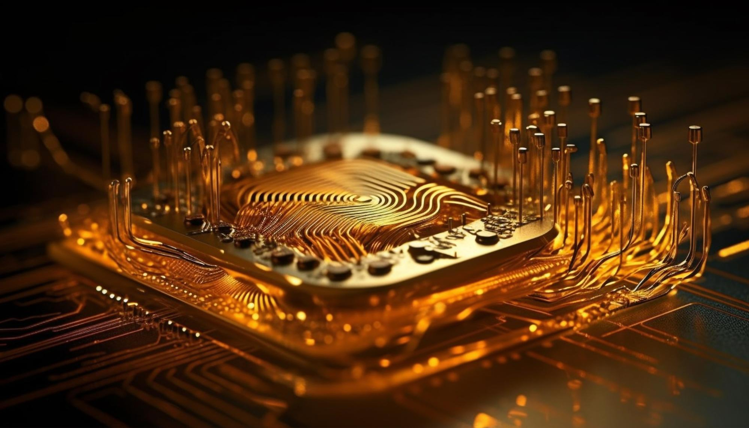 Uma placa de circuito dourada estilizada como uma barra de ouro, cercada por chips de silício brilhantes, representando o alto valor do hardware de IA.