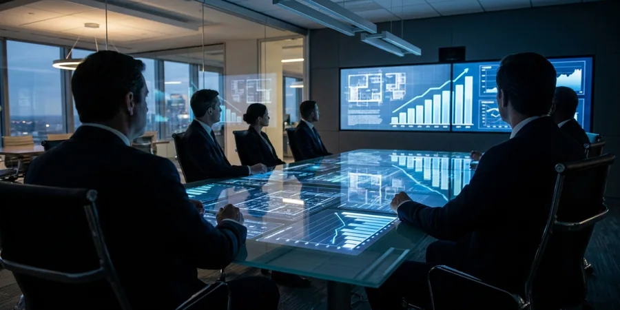 Gráficos financeiros projetados em um ambiente corporativo moderno