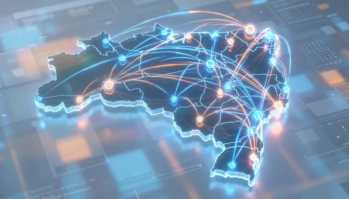 Ilustração de rotas logísticas conectando hubs em um mapa.