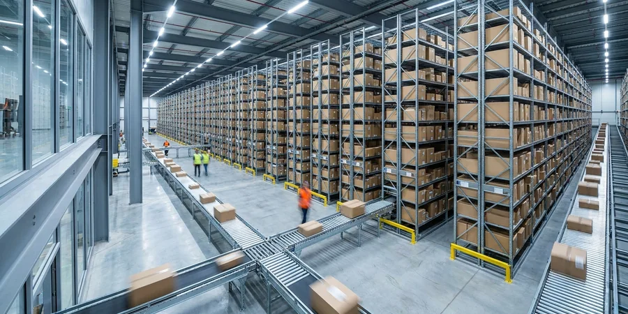 Centro de distribuição logístico moderno com esteiras e pacotes.