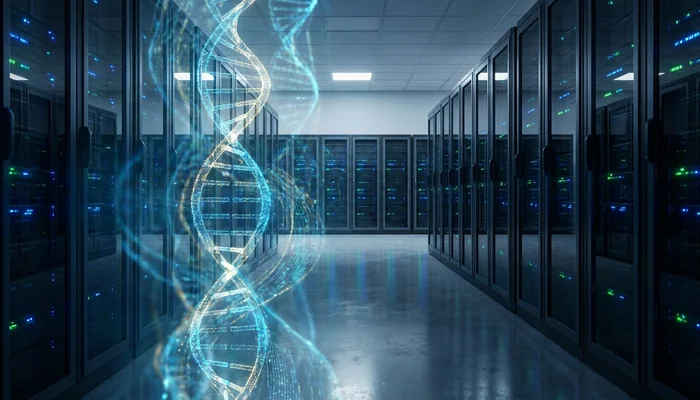 Servidores modernos em um ambiente hospitalar com uma sobreposição digital de DNA, simbolizando o processamento de dados médicos.