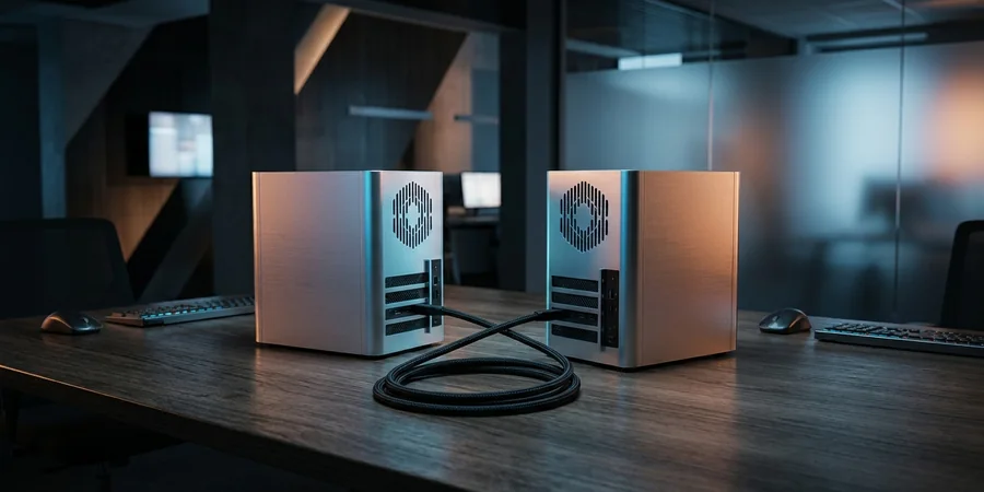 Dois computadores de mesa de alumínio conectados por um cabo grosso em um ambiente de escritório moderno, iluminados com tons de azul e laranja.