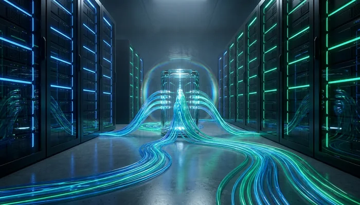 Servidores modernos e cabos de fibra ótica representando o ecossistema unificado de dados.