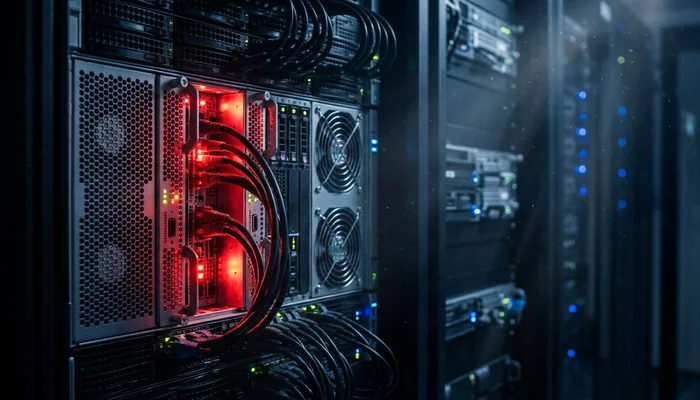 Servidor de data center brilhando em vermelho, indicando sobrecarga de processamento por excesso de requisições.