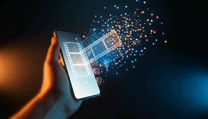 Rolo de filme vertical se transformando em código digital na tela de um celular
