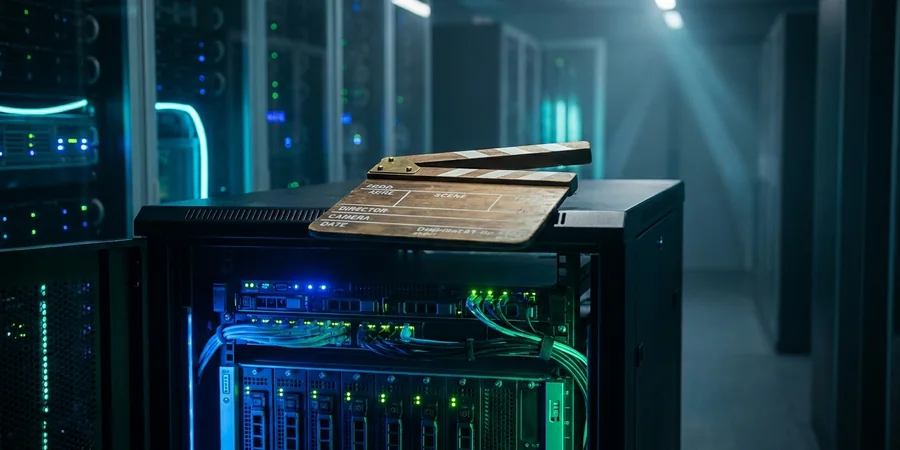 Claquete de cinema apoiada sobre servidores de data center