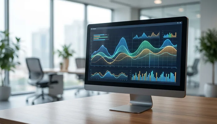 Dashboard digital exibindo métricas de atendimento ao cliente em um monitor de computador.