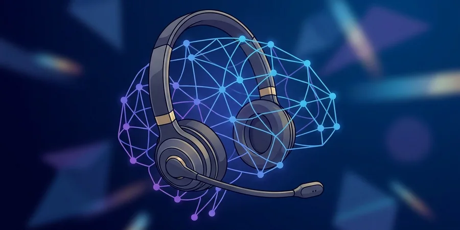 Ilustração de um headset de call center conectado a um nó de rede neural brilhante, representando a união entre atendimento humano e inteligência artificial.