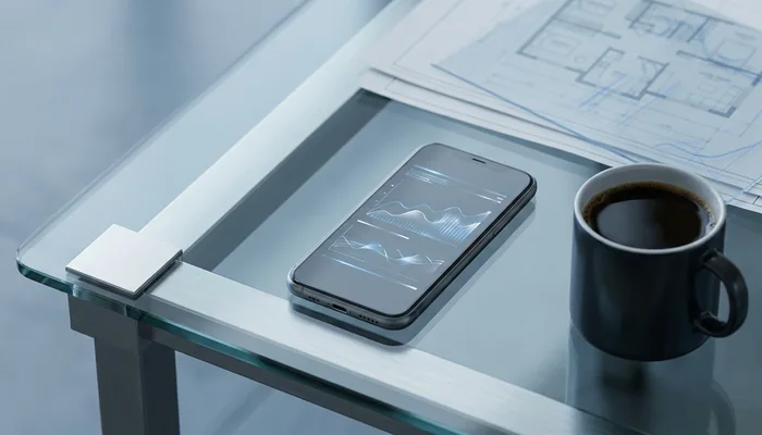 Smartphone sobre mesa de vidro exibindo gráficos financeiros abstratos e linhas de crescimento.