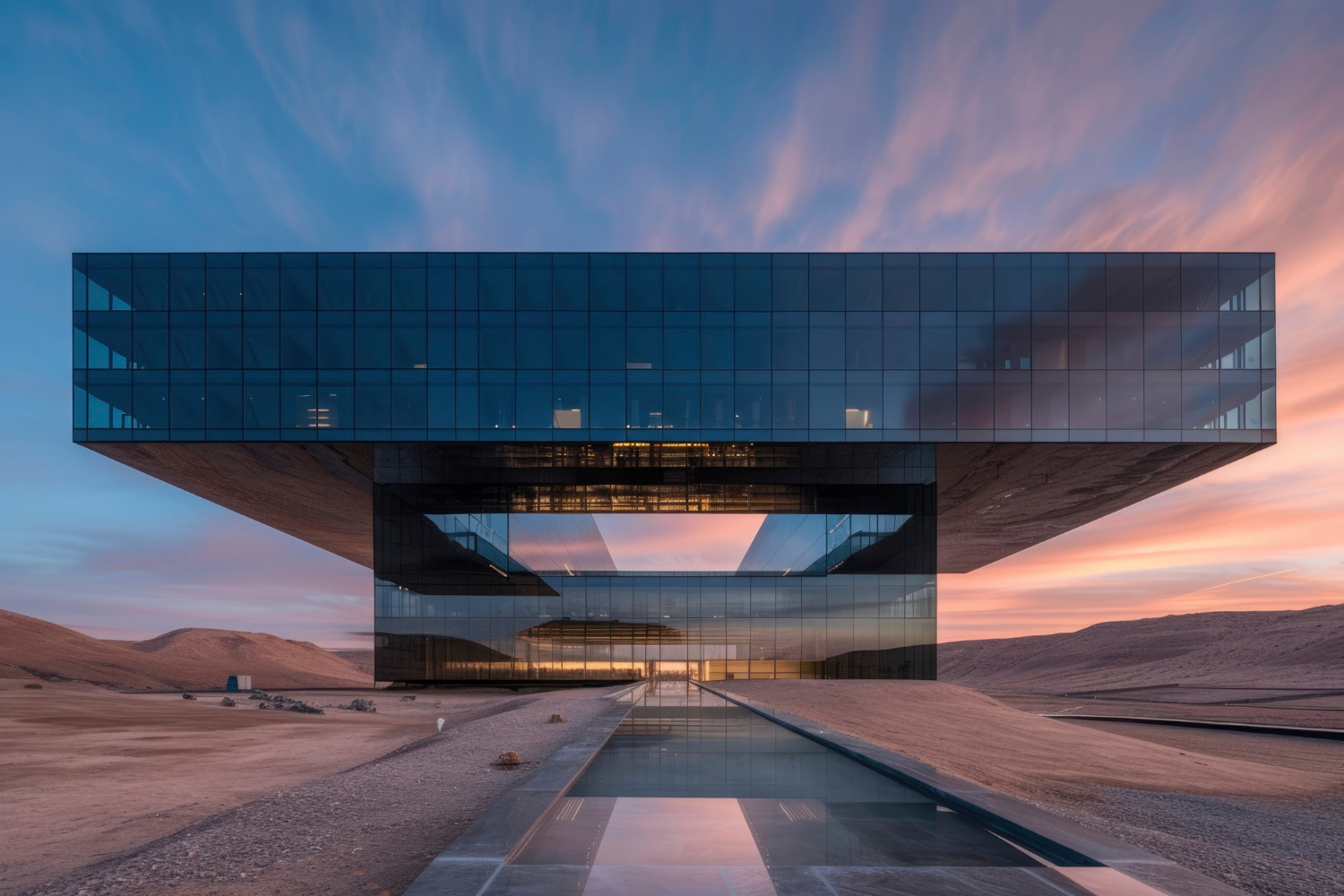 Um predio de tecnologia em meio ao deserto, representando um novo datacenter no texas.