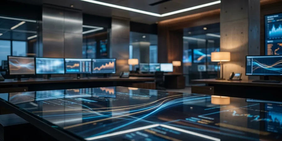 Mesa de escritório moderna com telas de dados financeiros, representando a chegada da IA a Wall Street.