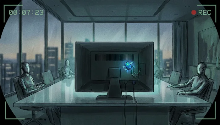 Ilustração conceitual de uma sala de reuniões corporativa vista através de uma câmera de segurança, focando em um dispositivo escondido atrás de um monitor.