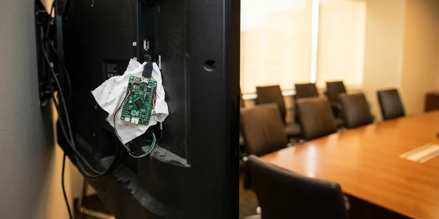 Placa de circuito pequena e barata escondida atrás de uma televisão em uma sala de reuniões.